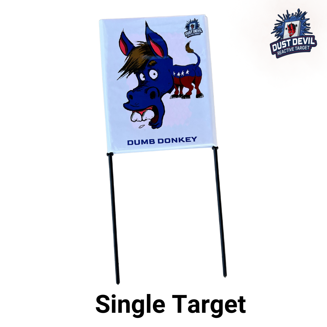 A target featuring an illustration of a distressed-looking blue donkey with a surprised expression and exaggerated features, labeled 