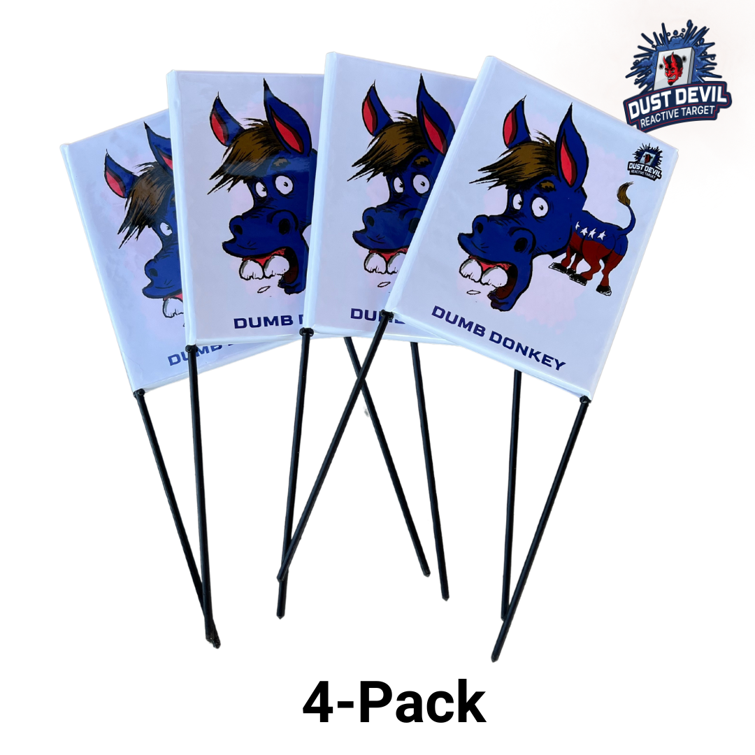 Four small rectangular signs featuring cartoon drawings of an angry blue donkey labeled 