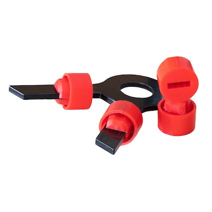 Introducing the Hang 'N Hook -Quick Connect 2.0 Upgrade- from Yankee Thunder: a black plastic tool featuring three red-tipped, flat, wedge-shaped ends that resemble a tri-winged key or hand tool. The center of this innovative tool includes a circular hole specifically designed for Quick Connect use.