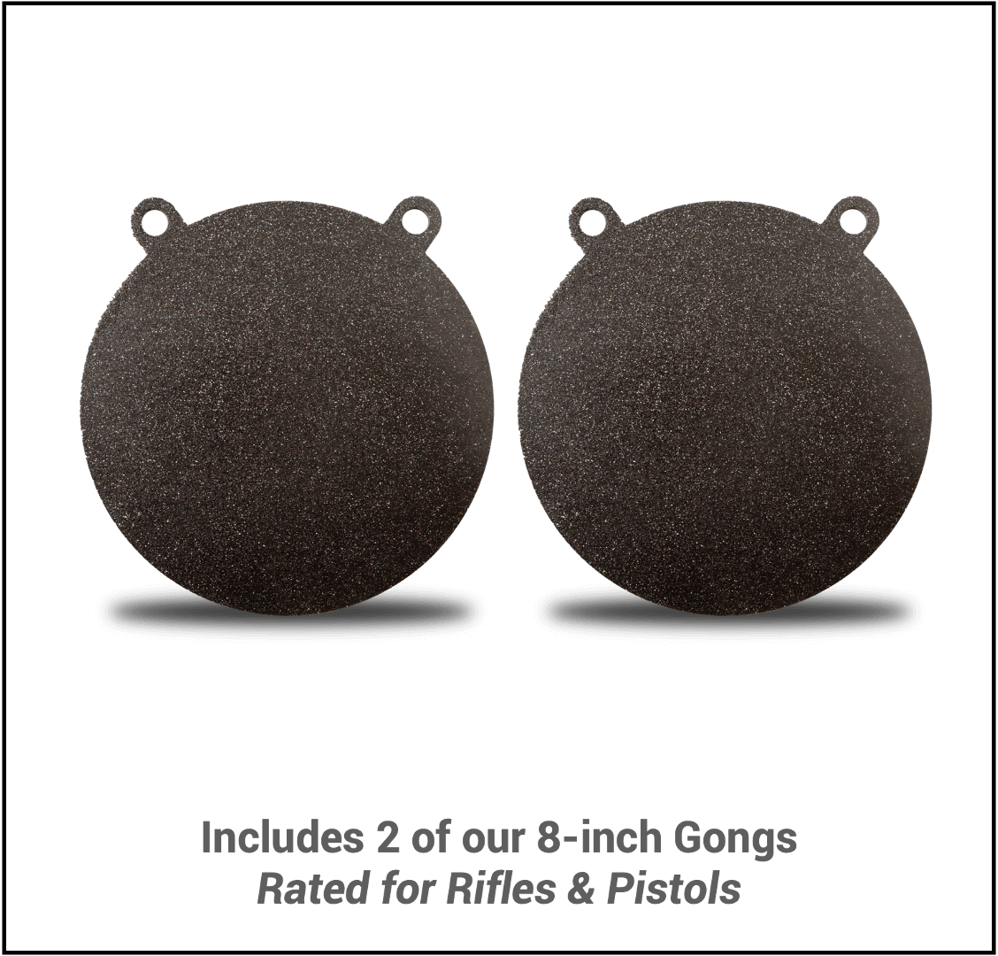 Photo shows two 8-inch Contender Kit gongs from Yankee Thunder made from durable AR500 steel, each with two mounting holes at the top, placed side by side against a black background. The text below reads, 