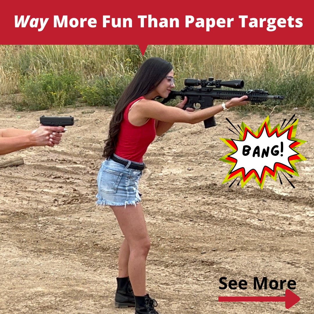 A woman in a red tank top and denim shorts aims a rifle at an outdoor shooting range, utilizing The Defender Kit by Yankee Thunder for precision. Another person beside her focuses on Handgun Sniper Accuracy Training. Above, a red banner reads 