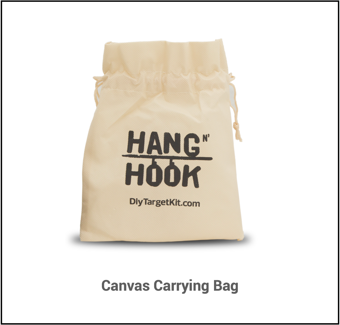 A beige canvas carrying bag with a drawstring closure. The text “Yankee Thunder” is printed in bold black letters on the front, with a small hook illustration in between. Below that, “Beginner Kit” and “DiyTargetKit.com” are also printed in black. Ideal for transporting AR500 steel targets, the bag is displayed against a plain background.