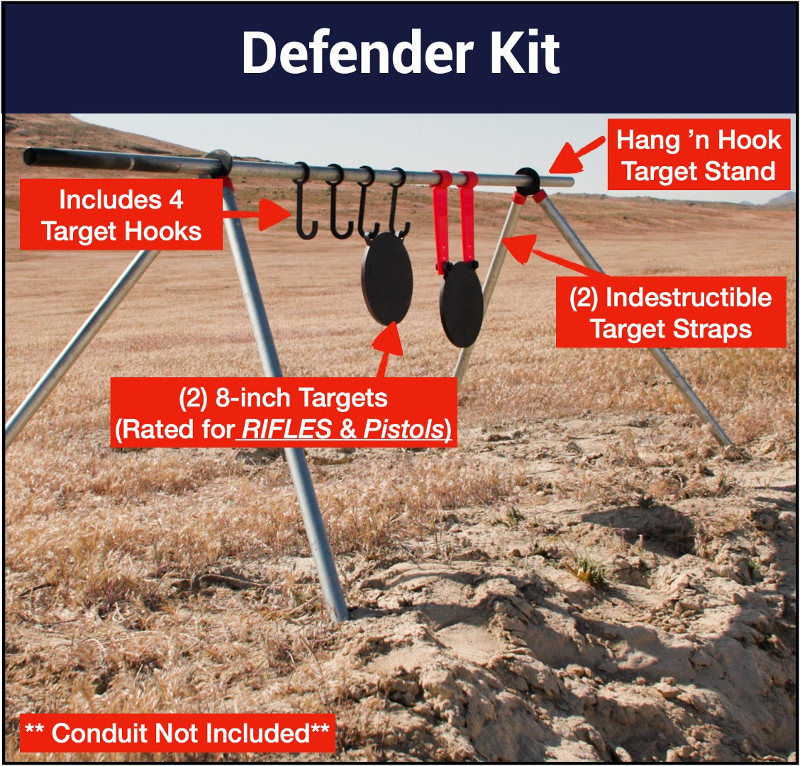 Image of Yankee Thunder's The Defender Kit set up outdoors. The Defender Kit features a Hang 'N Hook target stand with four target hooks, two 8-inch AR500 Gong targets (ideal for Handgun Sniper Accuracy Training with rifles and pistols), and two indestructible target straps. The stand is constructed from metal pipes, with conduit not included.