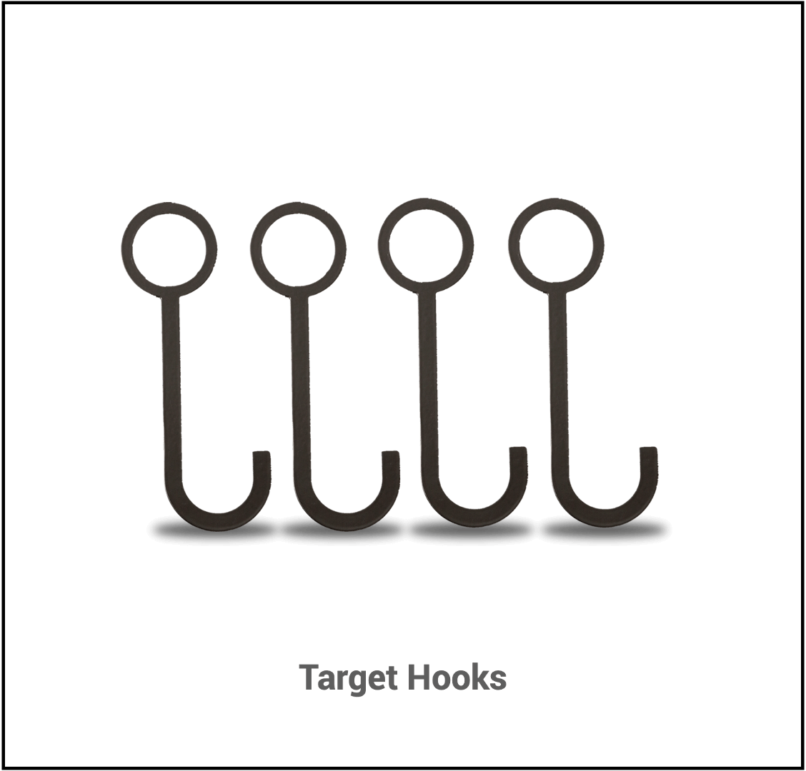 Four dark-colored metal hooks with circular tops are arranged in a row against a black background. 