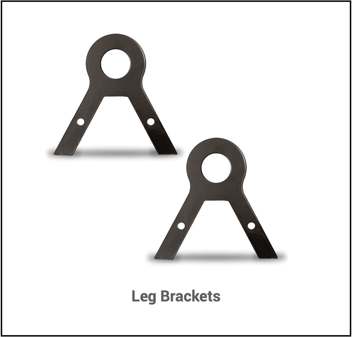 Two black metal leg brackets with a large circular top and two triangular legs, each featuring a hole where the legs meet. The text 