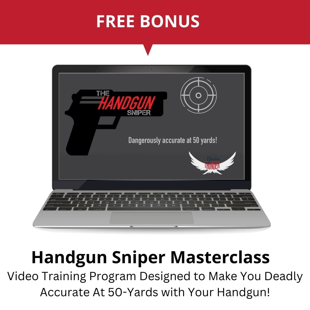 Description: An advertisement for a free bonus Handgun Sniper Masterclass. It displays a laptop screen with the text 